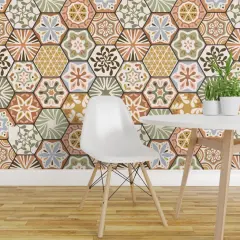 Pre-Pasted Wallpaper 2FT Wide Mosaic Faux Tile Hexagon Geometric Olive Salmon Blue Earth Tones Lemon Botanical Leaves Shapes Stars Retro Orange Kitchen Bathroom Custom Pre-pasted Wallpaper by Spoonflower