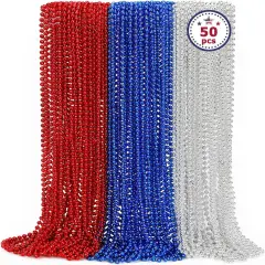 50PCS 4th of July Round Beads Necklace Bulk(Red Silver and Blue)