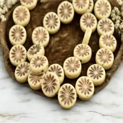 *12* 12mm Dark Bronze Washed Opaque Ivory Aster Flower Coin Beads