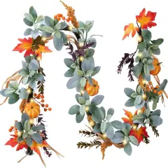 6ft Silk Lambs Ear Pumpkins Garland with Lights Fall Leaves Garlands