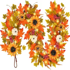 6ft Fall Sunflower Garland with Lights,Autumn Pumpkin Garlands with Berry Leaves