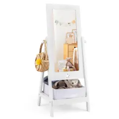 Costway Kids Full Length Mirror 360&deg; Rotatable Freestanding Dressing Mirror with Storage Bin White