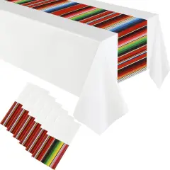 Mexican Fiesta Tablecloth 54 x 108'' Party Plastic Tablecloth Striped Table Cover for Mexican Fiesta Party Decorations(White Background, 6 Pcs)