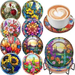 8 Pcs Diamond Art Painting Coasters with Holder, DIY Colorful Flowers Diamond Art Coasters for Drinks Diamond Art Painting Kits for Beginners, Diamond Kits Craft Supplies for Adults Kids