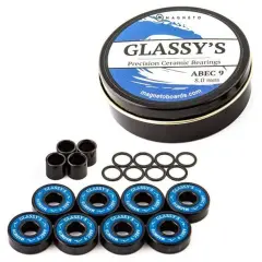 Glassy's Ceramic Bearings (8 Pack), ABEC 9 High Speed Skateboard Bearings with Washers, Spacers and a Glassy's Sticker (Black)