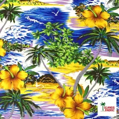 1 Yard Hibiscus Hawaiian Sunset Peachskin Fabric with Island Beach Scene 45 Inch Width Blue