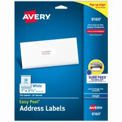Avery Easy Peel Printable Address Labels with Sure Feed, 1" x 2-5/8" Customizable Stickers, White, 750 Blank Mailing Labels, Great for Mailing, Shipping, and More (8160)