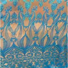 1 Yard Nude Baby Blue Damask Mesh Lace Iridescent Embroidered Fabric 48&ndash;50" Wide Bridal & Formal Wear