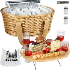 Wicker Picnic Basket Set for 4 with Mini Folding Wine Picnic Table & Large Insulated Cooler Bag & Cutlery Service Kits for 4 Person, Couples Gifts, Wedding Gifts (Y2209-4-CM)