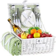 Wicker Picnic Basket for 4 with Waterproof Picnic Blanket and Insulated Cooler, Willow Hamper for Camping