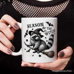Funny Racoon Witch with Broom Mug, Vintage Halloween Gift