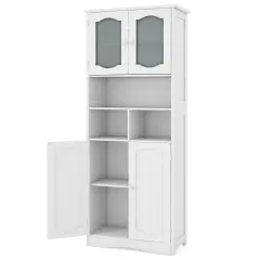 58.5 Inch Freestanding Linen Bathroom Storage Cabinet with Frost Glass Doors White