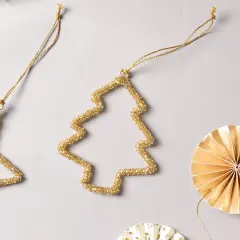 Beaded golden Treen Ornament - Gold - 3.5" x 0.25" x 4"