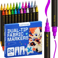 ARTISTRO 24 Fabric Markers - Dual-Tip Fabric Markers Permanent for Clothes - No Bleed Fabric Pens for T-Shirts, Bags, Textile, Canvas, and more (Brush Tip and Fine Tip)