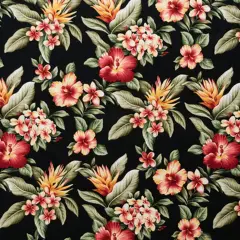 1 Yard Plumeria Hibiscus Banana Leaf Fabric, 100% Cotton Upholstery Fabrication, 56-58 inches Wide Black