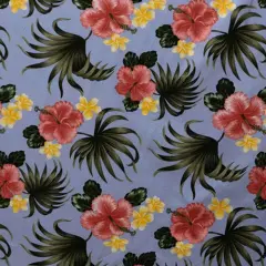 1 Yard Hibiscus Plumerias Palm Elephant Ear Cotton leaves Fabric Fabric, 36in L x 56in W Upholstery Fabrication Periwinkle
