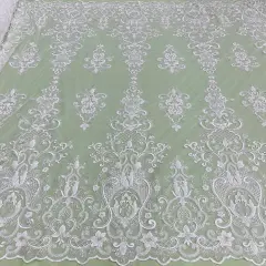 1 Yard Ivory Beaded & Sequined Embroidered Lace Fabric on 100% Polyester Mesh, 54" Wide