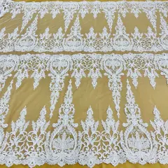 1 Yard Beaded & Corded Bridal Lace Fabric on 100% Polyester Net Mesh, Embroidered Lace Fabric, 51" Width White