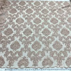 1 Yard Elegant Beaded Lace Fabric Embroidered on 100% Polyester Net Mesh for Special Occasions 56" Width Dusty Rose