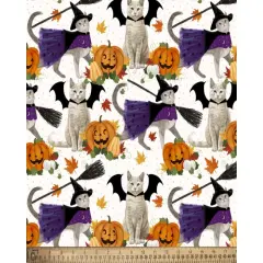 Halloween Cats Get Witchy Batty Cotton Fabric | By The Yard | Sewing and Crafting | 44 inches wide