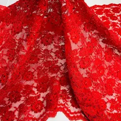 1 Yard White Beaded & Corded Lace Fabric on Polyester Mesh, Embroidered Design, 49" Wide Red