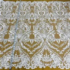 1 Yard White Corded Bridal Lace Fabric, 48&rdquo; Wide Embroidered Polyester Mesh