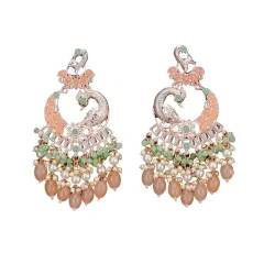 Oversized / Big Indian Jhumka Earrings for Women - Indian Peacock Earrings Ethnic Chandbali Jhumki Kundan & Faux Pearl Beaded Bollywood Style Dangle Earring PEACH
