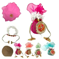 Decorative Dried Coconut Cover Traditional Nariyal Fabric Cloth with Golden Ribbon for Ganesh Pooja, Wedding, Gruh Pravesh Temple Pooja Decor Housewarming Gift Pink