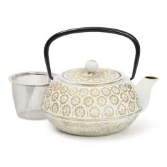 White Floral Cast Iron Teapot Kettle with Stainless Steel Loose Leaf Infuser (34 oz)