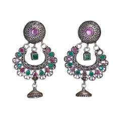 Indian Oxidized Jhumka Earrings for Women - Indian Oxidized Bell Jhumki Ethnic Floral Chandbali Earrings Faux Pearls Bollywood Style Floral Dangle Earring Jewelry for Bride Gift for Her RUBYGREEN