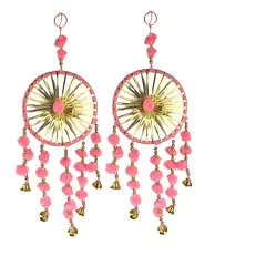 Ring Wall Hanging Woollen Stuffed Rajasthani Traditional Handicraft Set of 2 Wall Art Hanging Wind Chime Decorative Showpiece Diwali Gift Latkan for Home Office Decor Pink