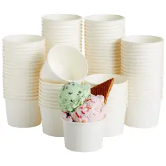 100 Pack Disposable Paper Ice Cream Cups, Dessert Bowls for Sundae Bar, Frozen Yogurt (White, 8 oz)