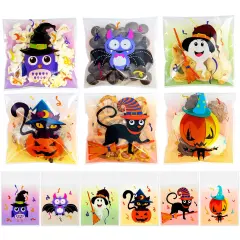 Wrapables Transparent Self-Adhesive 4" x 4" Candy and Cookie Bags for Party Favors, Trick or Treating (100pcs), Halloween