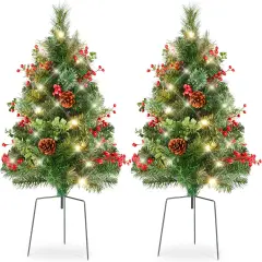 24.5in Pre-Lit Outdoor Christmas Trees, Battery Operated Holiday Pair with LED Lights Green W/Berries