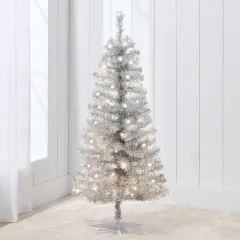 4ft Pre Lit Christmas Tree Mini Artificial Tree with Twinkling LED Lights for Bedroom or Apartment Silver