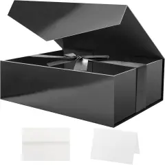 Large Black Gift Box with Ribbon and Lid, 11.5x8.1x3.8 Inches, Groomsman Proposal Boxes, Magnetic Gift Box for Presents (Glossy Black)