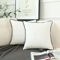 Set of 2 White Velvet Throw Pillow Covers Modern Minimalist Style Solid Decorative Black Rope Edging Soft Square Cushion Cases for Sofa Bedroom Party D&eacute;cor, 18 x 18 inch