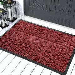 Welcome Mat Outdoor Indoor, 29.5x17 Waterproof Door Mat Outside Entrance, All-Weather Non Slip Door Mat Outside Entrance, Low-Profile Front Door Mat, Porch and Patio Entryway Mat, Wine Red