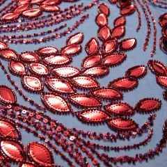 1 Yard Embroidered Tulle Lace Fabric with Sophisticated Pattern, 52&Prime; Wide Royal/Red