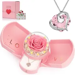 Preserved Real Pink Rose with Necklace Forever Flowers Rose Birthday Gifts