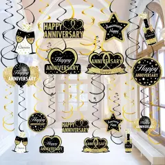 16Pcs Happy Wedding Anniversary Hanging Swirls Decorations - Black Gold
