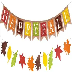 Happy Fall Burlap Banner Colorful Maple Leaf Glitter