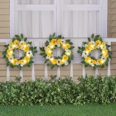 Collections Etc LED Lighted Solar Powered Artificial Daisy Wreaths - Set of 3