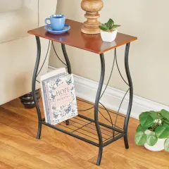 Collections Etc Elegant Curved Iron Legs Wooden Top Magazine Side Table