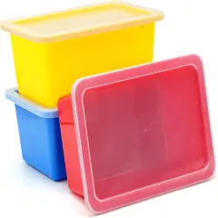 4E's Novelty Plastic Storage Bins with Lids, 5 Qt, 3 Pack, Colorful Plastic Cubby Storage Bins, Stackable Organizer Cubbies for Classroom or Home (11.4" x 7.75" x 5")