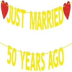 50th Wedding Anniversary Party Banner Decorations, Gold Red Glitter