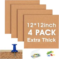 4 Pack Extra Thick 12x12 Inches Cork Board Tiles for Home Office Decor