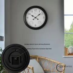 Large Outdoor Wall Clock Thermometer Combo, Waterproof Hygrometer Silent Battery Operated Clocks Timepiece Garden Weather Master Station for Home Indoor or Patio Pool Photography Props Black Black dacorated 24"