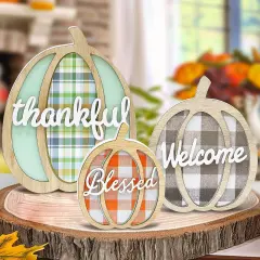 3 Pcs Fall Pumpkin Wood Tabletop Sign Decor(Double Sided & 3 Styles)
