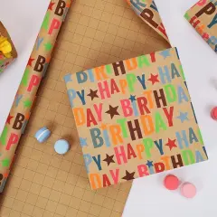 LaRibbons 17" X 33' Kraft Wrapping Paper | Happy Birthday Text